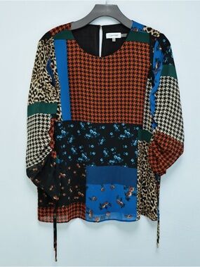 Calvin Klein Patchwork-Print Long Sleeve Blouse — Rust, Blue, Black, Green